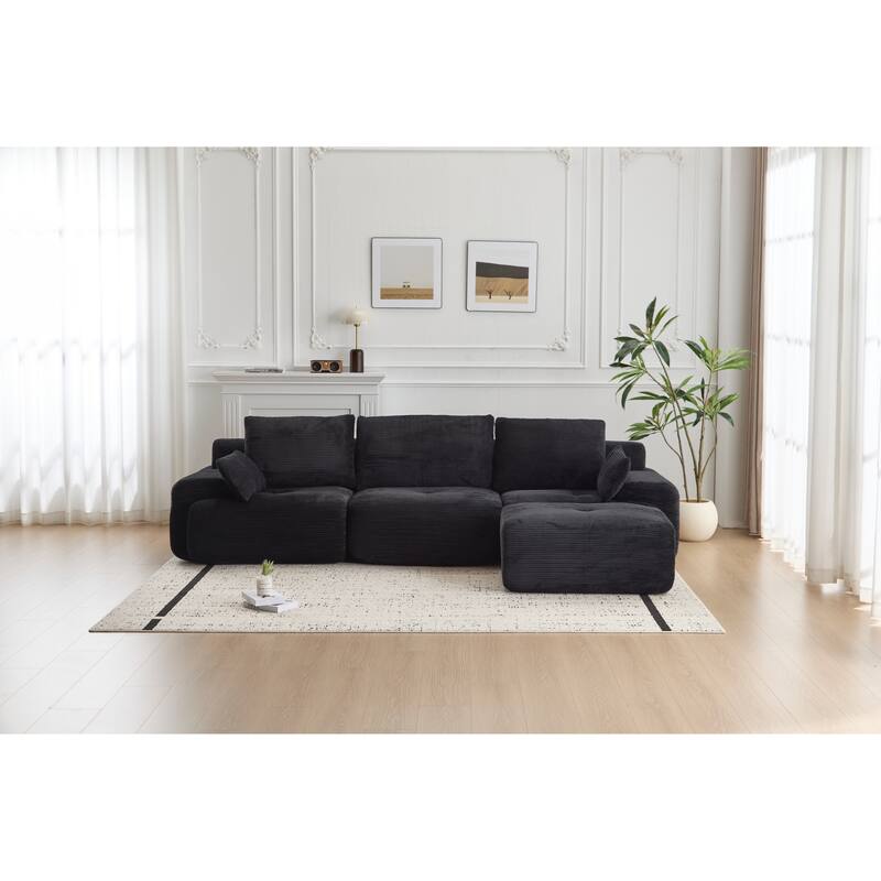 L Shaped Modular Sectional Sofa with Ottoman, Corduroy Upholstered Cloud Sofa, Compressed Sofa with Cushions & Throw Pillows