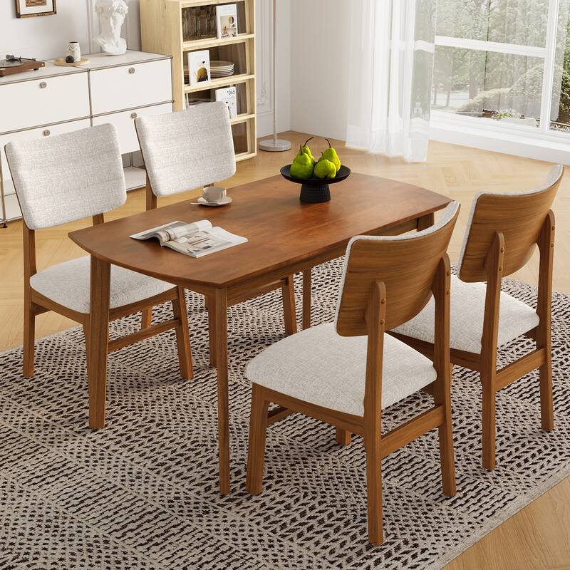 Farmhouse 5-Piece Dining Table Set, Rubberwood Table & 4 Upholstered Chairs Set, Space-Saving Dining Room Dining Set