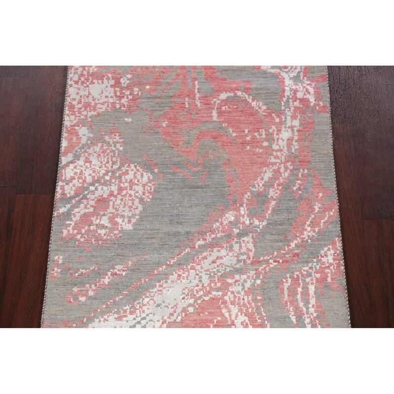 Wool/ Silk Vegetable Dye Abstract Oriental Runner Rug Hand-knotted - 3'1" x 12'2"