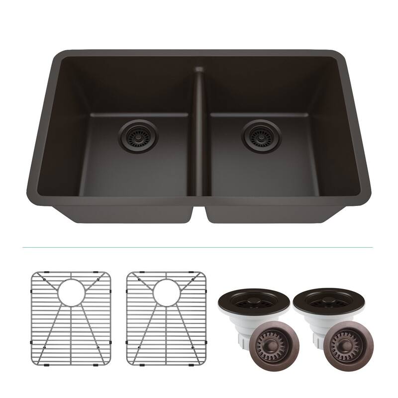 Lexicon Platinum 32" Quartz 50/50 Double Bowl Sink with Grids & Drain - Galaxy Mocha