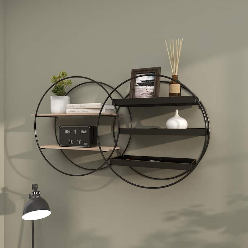Metal Overlapping Circle 5 Level Geometric Wall Shelf with Wood Accents - Gold or Black
