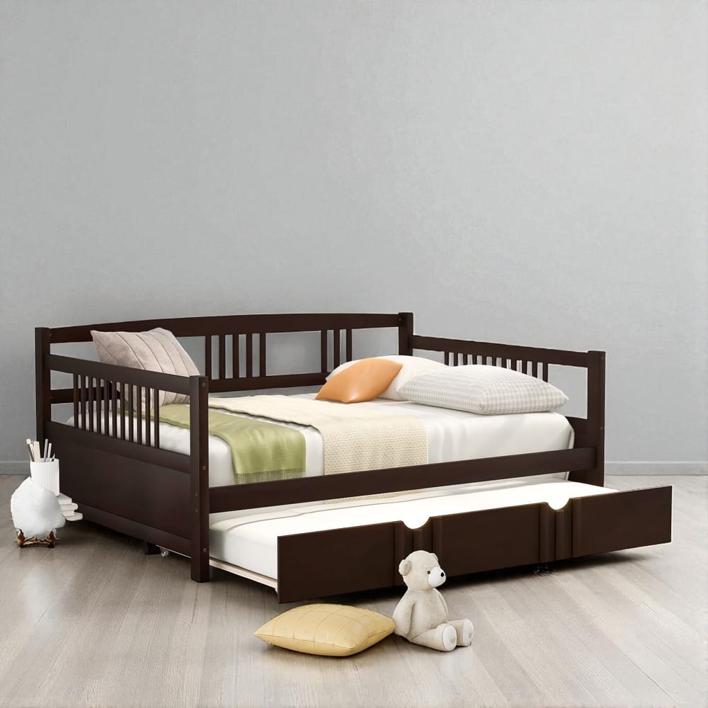 Twin/Full Size Wood Daybed with Twin Trundle, Sofa Bed Frame with Rails and Pull-Out Guest Bed