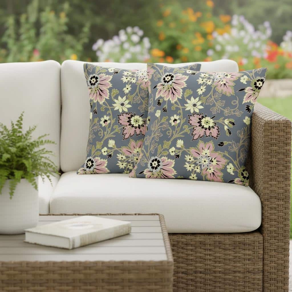 HomeRoots Set of Two 16" X 16" Gray and Pink Blown Seam Floral Indoor Outdoor Throw Pillow - 16.00' X '16.00' X '5.00