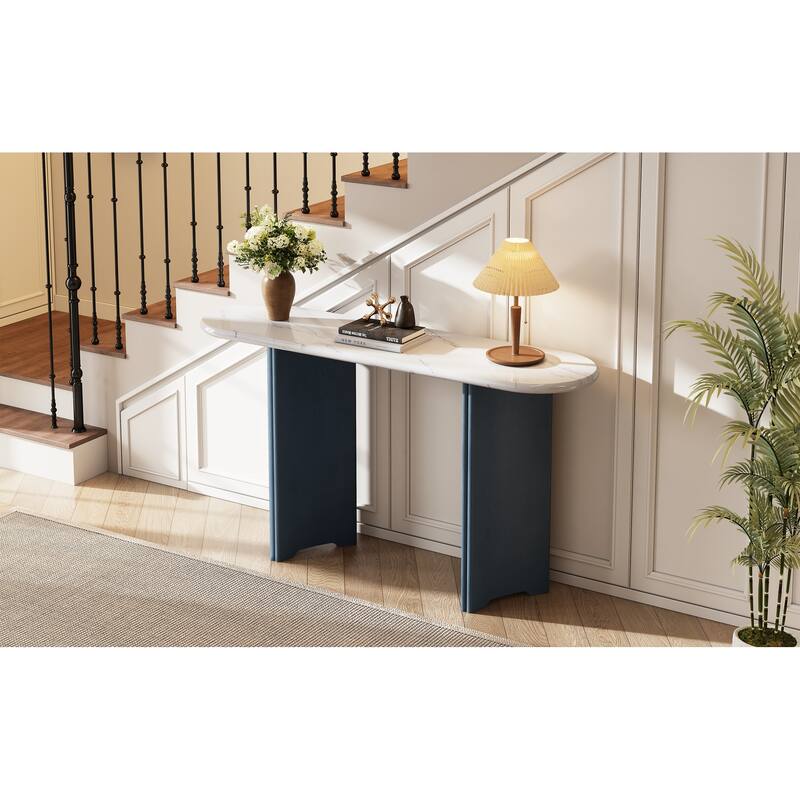 Narrow Console Table with Oval Faux Marble Top - Navy,White