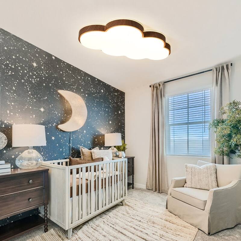 Walnut Wood Grain 5CCT Dimmable LED Cloud Kids Flush Mount - 21.9 Inches