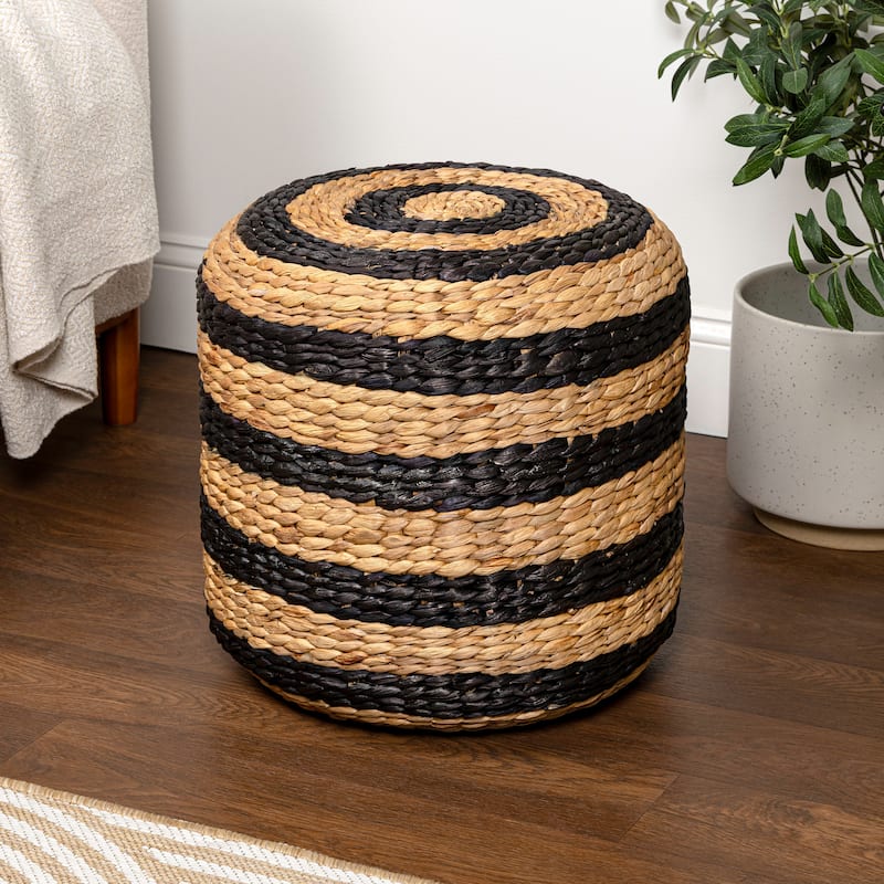 Aimee 15.7" Modern Minimalist Two-Tone Hand-Woven Hyacinth Stool - Black/Natural (Stripe)