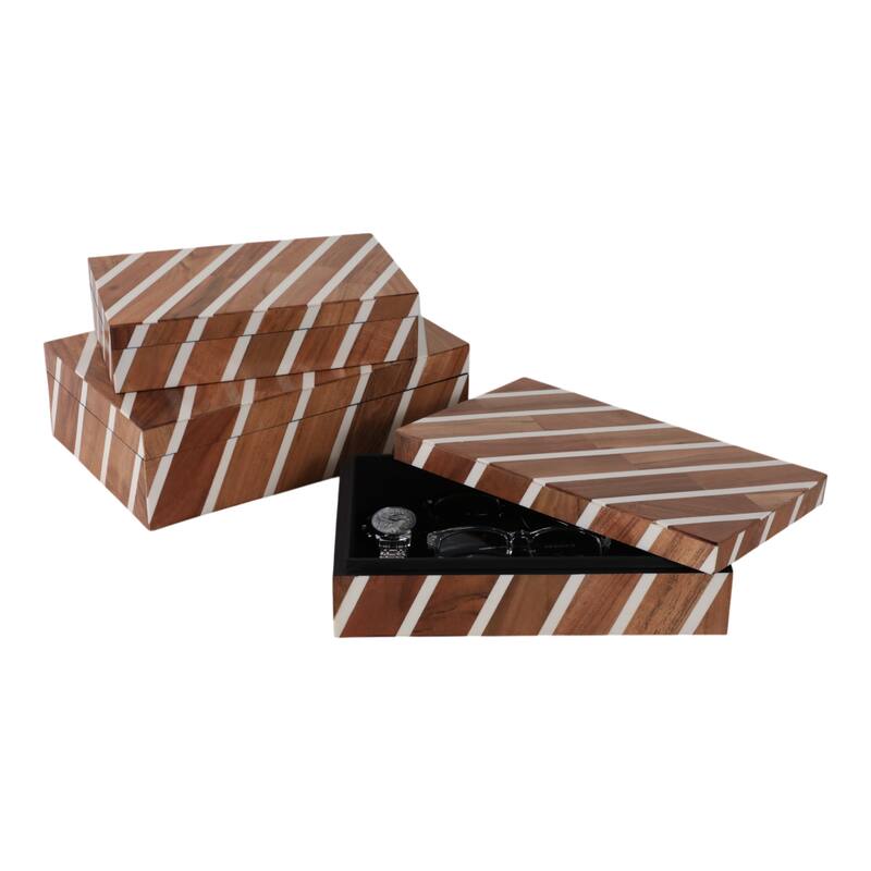 Resin Wood Storage Boxes Diagonal Stripe (Set of 3) - 10/11/12" Brown - 12" x 8" x 3.5"