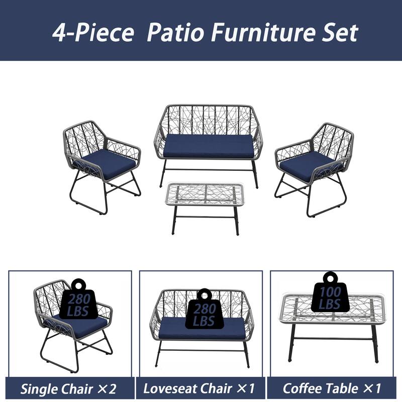 4-Piece Wicker Patio Set with Tempered Glass Table and Detachable Blue Cushions