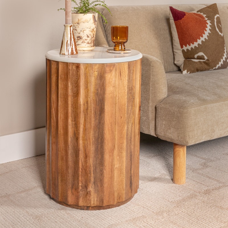 Luca Mango Wood Fluted End Table with Marble Top