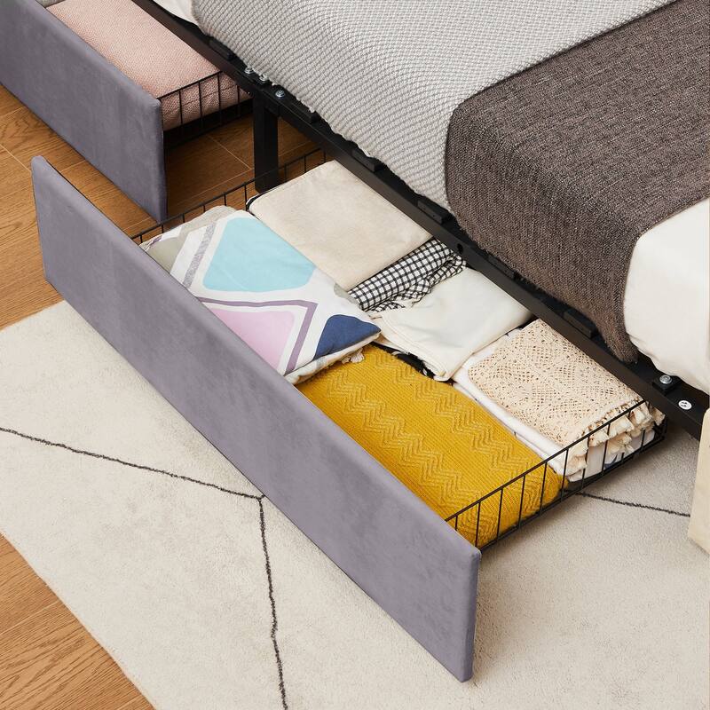 Javlergo Bed Frames with Storage Drawers Upholstered Bed with Tufted Headboard Princess Platform Bed with Wooden Slats Support