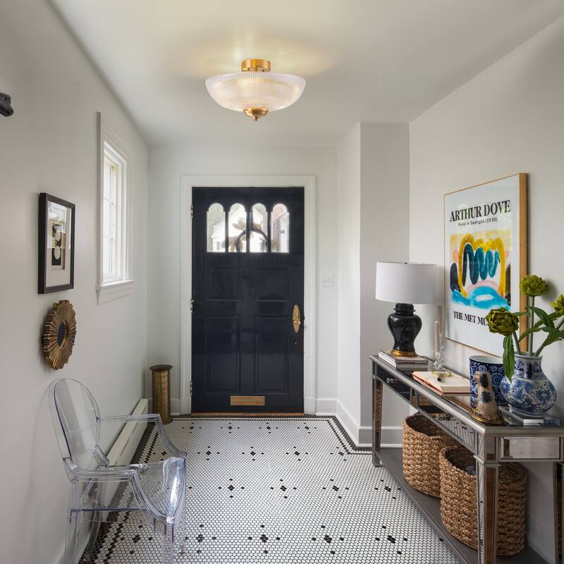 Industrial 3-Light Gold Semi Flush Mount Lights with Grid Textured Glass - Brass