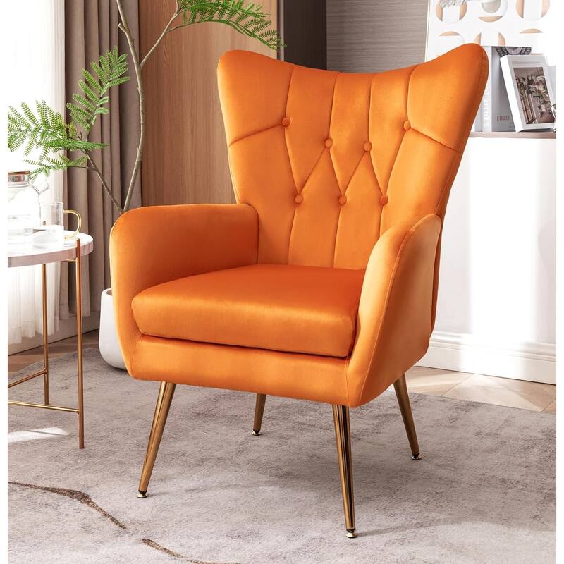 Modern Chic Mid-Century Velvet Accent Armchair Button-Tufted Wingback Design with Gold Flared Legs