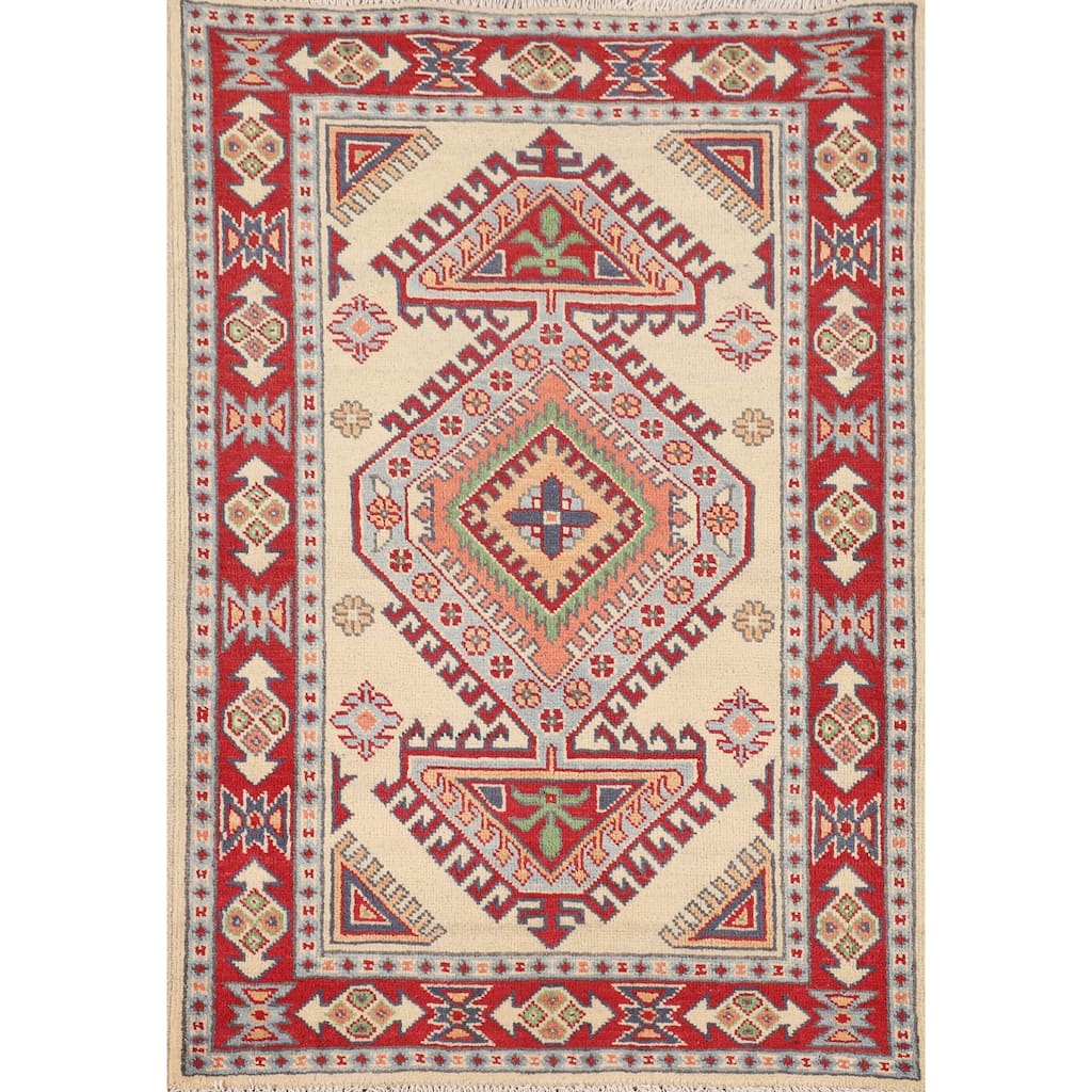 Geometric Beige Kazak Oriental Accent Rug Handmade Wool Carpet - 2'9" x 4'1"