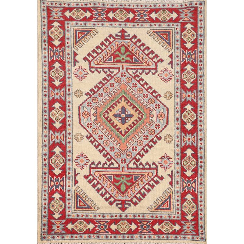 Geometric Beige Kazak Oriental Accent Rug Handmade Wool Carpet - 2'9" x 4'1"