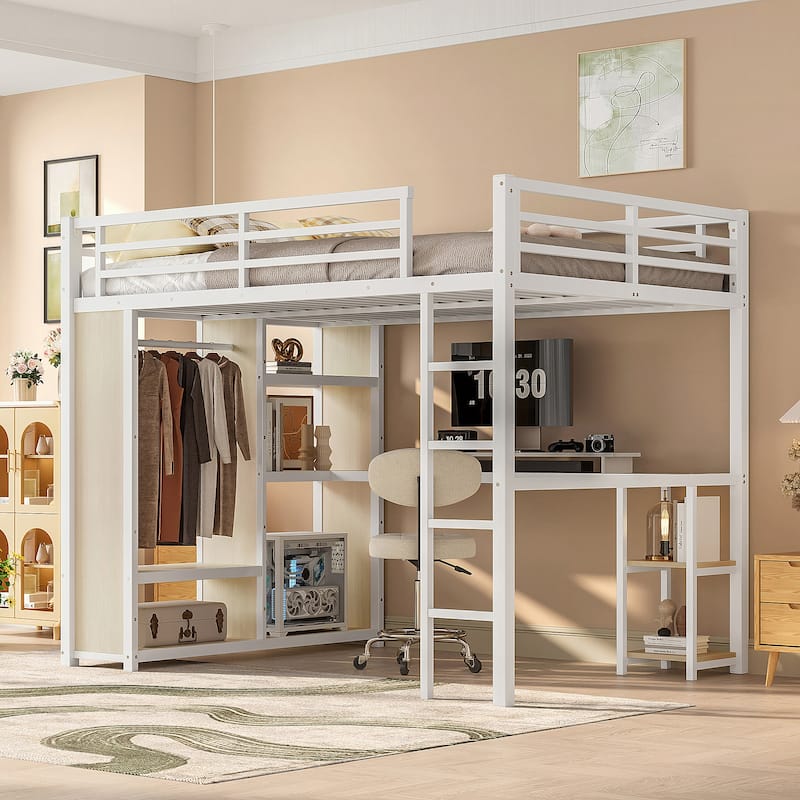 Queen Size Loft Bed with Wardrobe, Desk, and Storage Shelves in White Wood-grain Finish - White Straight Grain