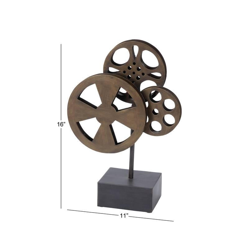 Metal Film Reel Decorative Sculpture with Elevated Block Base - Bronze - Roche River Decor
