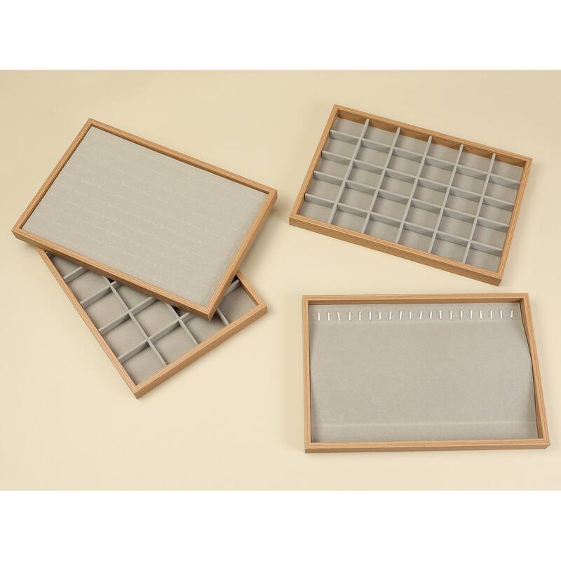 Set of 2 Wood Jewelry Trays for Drawers Stackable, Girls' Jewelry Organizer Drawer Inserts Display Storage - Light Brown