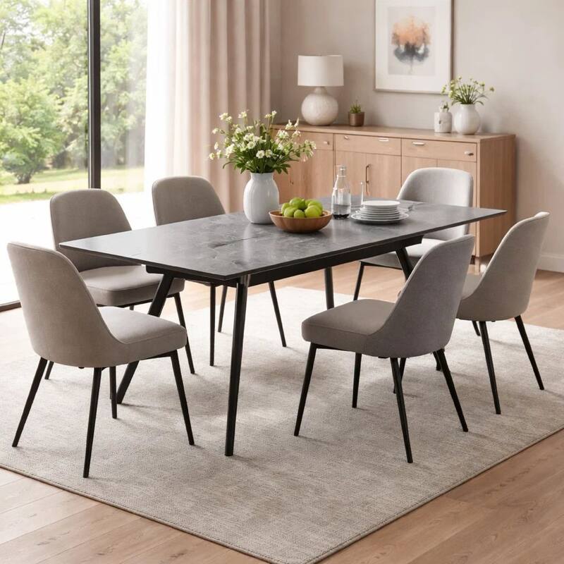 79 Inch Extendable Modern Dining Table, Textured Stone Surface, Warm Gray