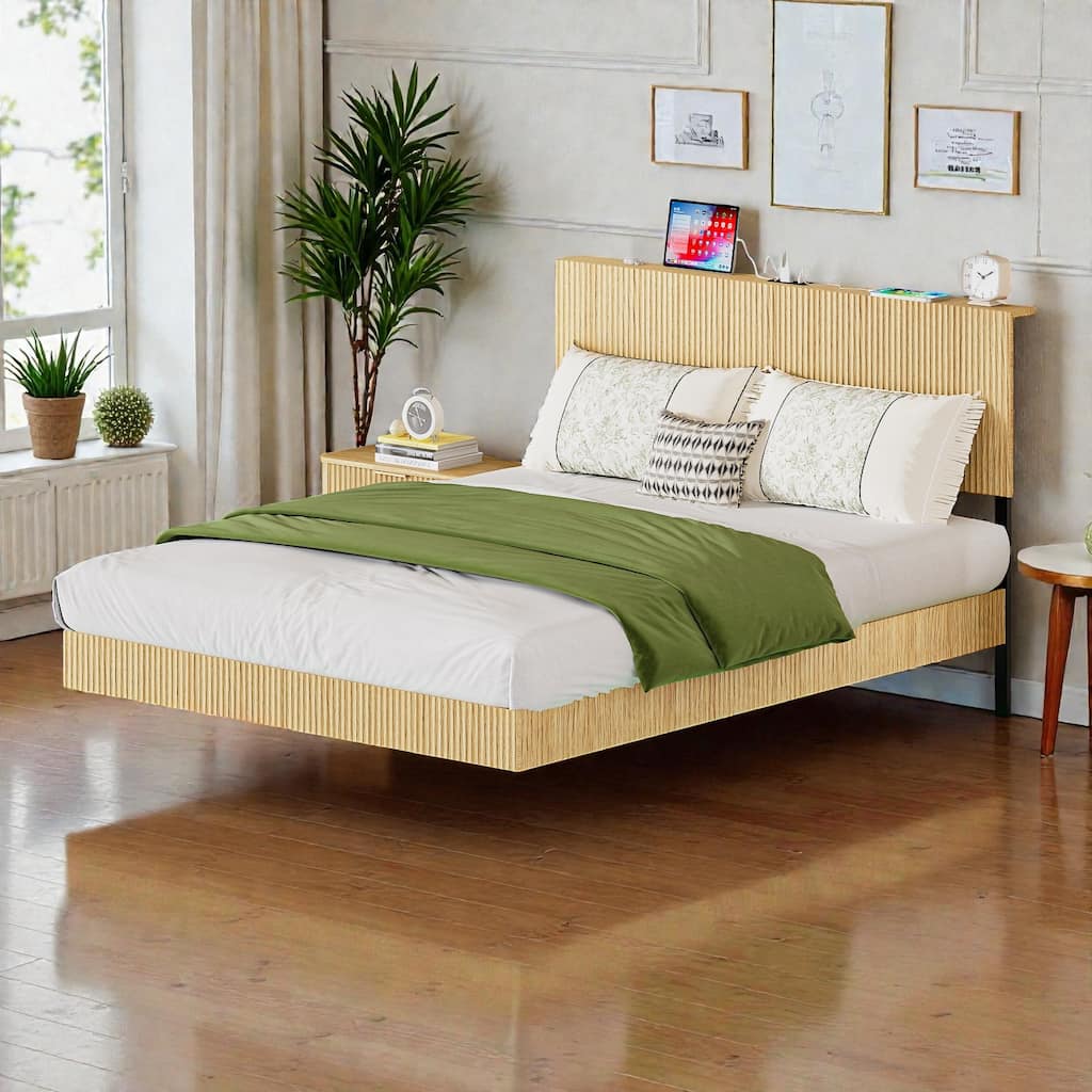 Queen Floating Bed Frame with LED Lights, Charging Station, Wavy Headboard and Heavy Metal Support, No Box Spring Needed