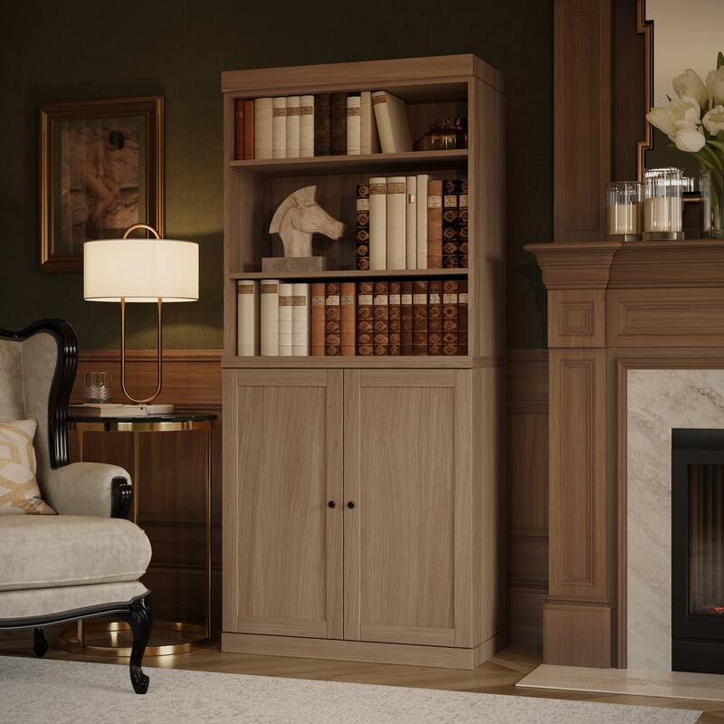 Palace Imports Premium 100% Solid European Oak Hardwood 6-Shelf Modular Bookcase with Bottom Shaker Doors - 32" Wide, 71.5" Tall - Natural-Oak