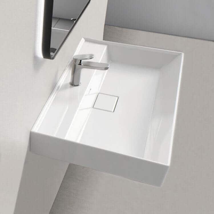 Nameeks Sharp Rectangular White Ceramic Wall Mounted or Drop In Sink - - White