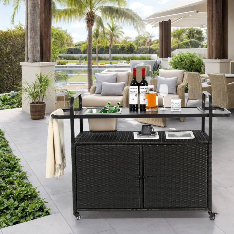Outdoor Bar Table, Wicker Bar Cart with Cabinet, Patio Serving Cart with steel Top, with one ice bucket,Lockable Wheels - Black