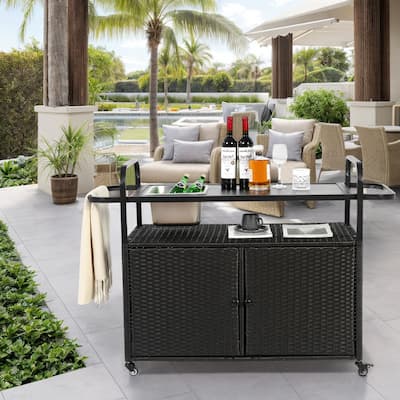 Outdoor Wicker Rolling Bar Cart with One Ice Bucket,Lockable Wheels for Garden, Poolside & Backyard