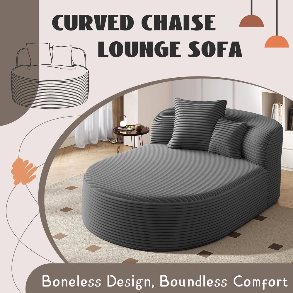 Curved Chaise Lounge Sofa with 2 Pillows, Corduroy Upholstered Sofa Bed Extra-deep Seat Single Sofa Recliners Boneless Couch