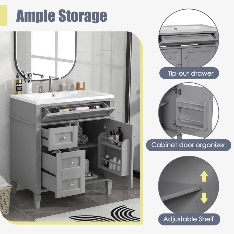 30''/36'' Bathroom Vanity with Top Sink, Modern Bathroom Storage Cabinet with 2 Drawers, a Tip-out Drawer & Adjustable Shelf