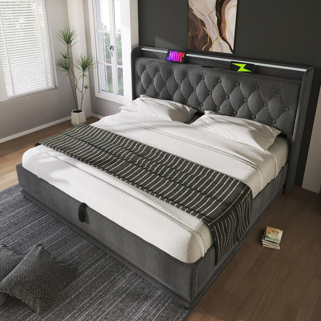 King size Hydraulic Storage Bed with USB Type-C Charging