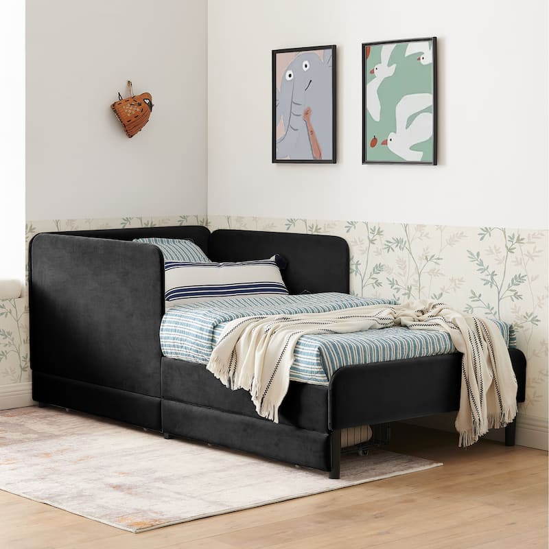 Roomfitters Twin/Full Upholstered Platform Bed with Side Backrest and Underbed Storage Trundle