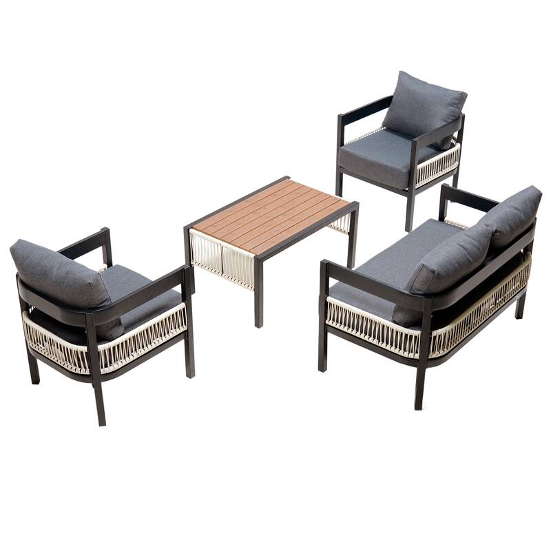 4 Piece Iron Patio Furniture Set, Outdoor Conversation Sofa Set with Coffee Table and Removable Cushions