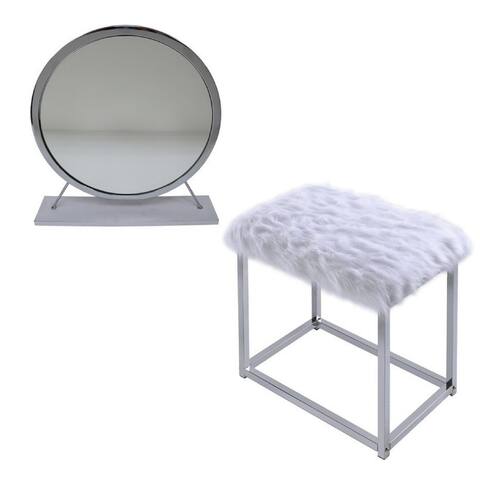Rose Round Vanity Mirror with Stool, Faux Fur Seat, Gray, White
