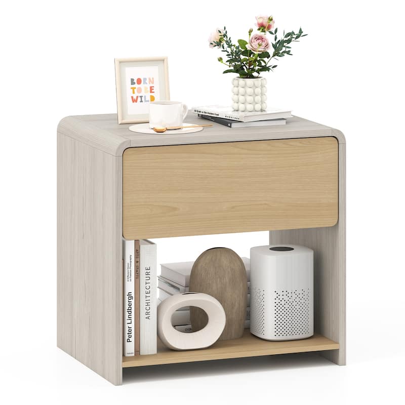 Gymax Modern Style Nightstand 2-Tier Sofa Side Bedside Table w/ Drawer - Oak, Natural - 1-drawer