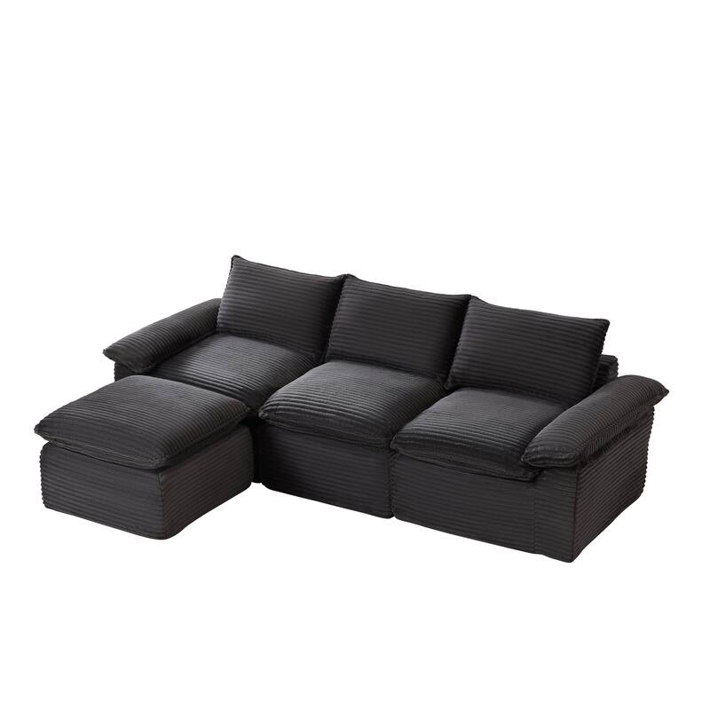 L Shaped Sectional Sofa with Ottoman, Oversized Corduroy Upholstered Cloud Sofa, High-Density Sponge 4 Seater Sofa