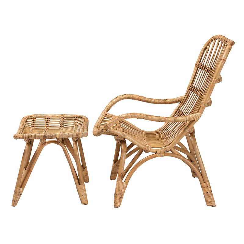 Earvin Modern Bohemian Natural Brown Rattan 2-Piece Armchair and Footstool Set