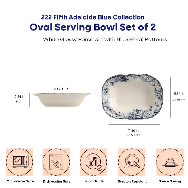 222 Fifth Adelaide Blue & White Porcelain Serving Bowls (Set of 2), 28 oz