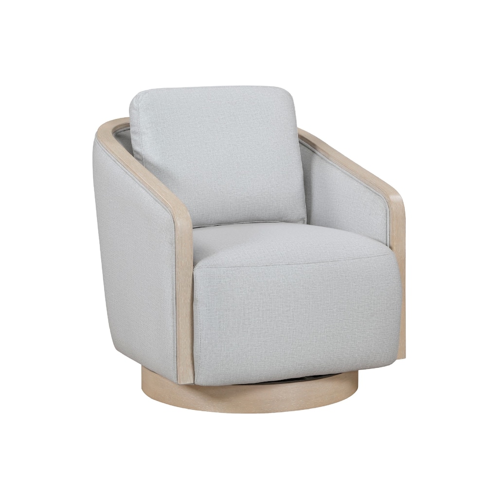 Jely Swivel Accent Armchair, Oak Brown Wood Trim and Base, Gray Polyester