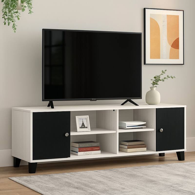 Akin TV Stand Media Center, 2 Doors w 4 Open Shelves, White, Black Wood