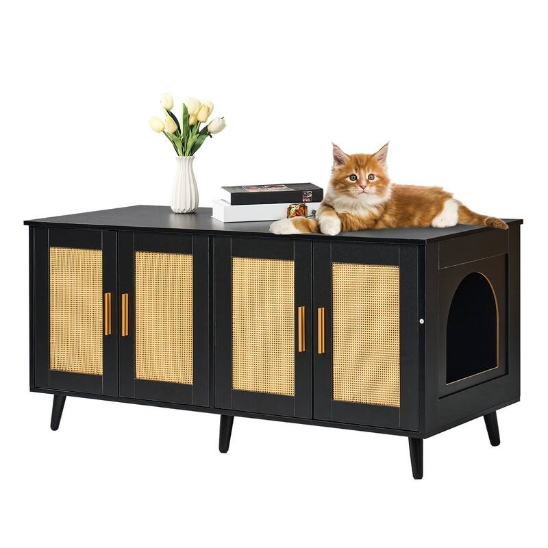 Multi-Functional Cat Litter Box Enclosure Furniture Hidden with 2 Windows and 4 Doors