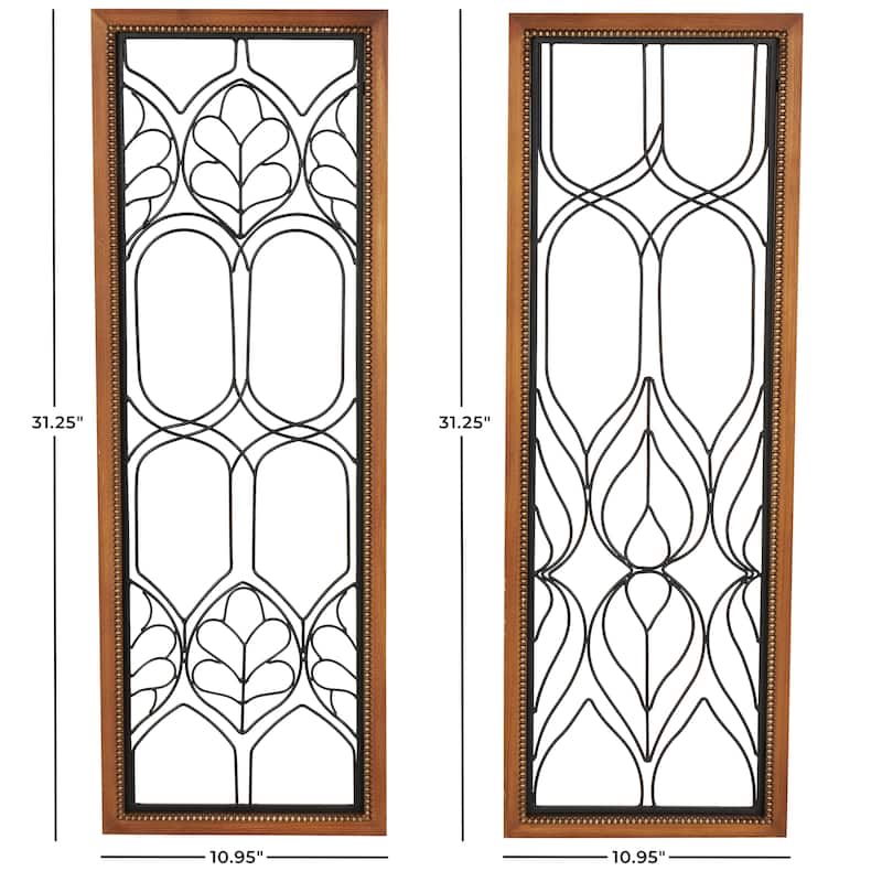 Black Metal Wire Cutout Geometric Home Wall Decor with Beaded Accents and Brown Wood Frames (Set of 2)