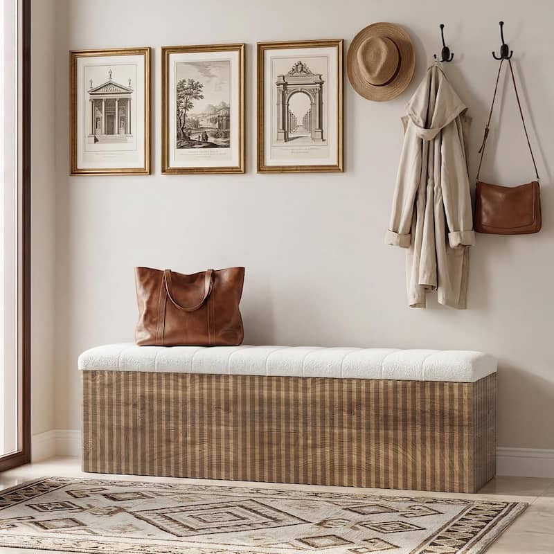 63" Upholstered End of Bed Storage Bench, Modern Wooden Entryway Bench with Cushion, Padded Ottoman