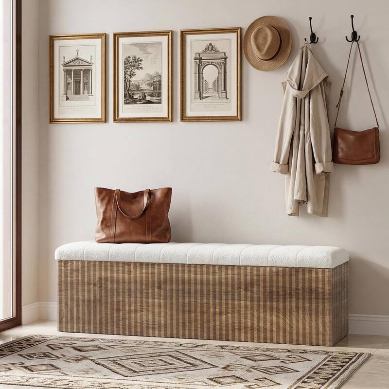 Upholstered End of Bed Storage Bench, 63" Farmhouse Wooden Entryway Bench with Cushion, Padded Ottoman