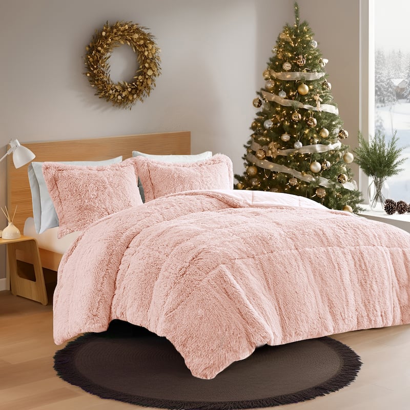 Intelligent Design Leena Shaggy Long Fur Comforter Mini Set - Blush - Queen