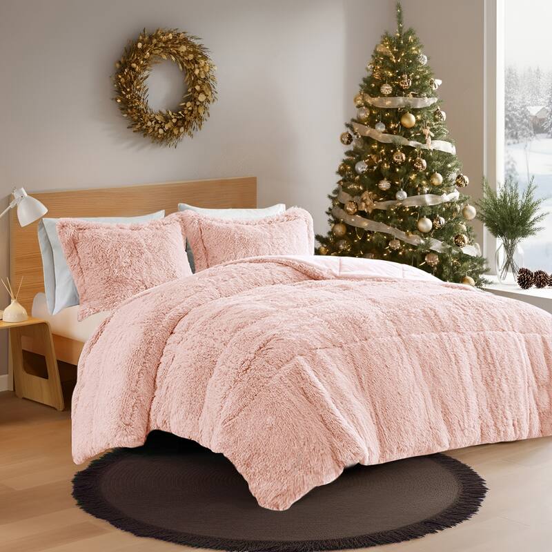 Leena Shaggy Fur Duvet Cover Set by Intelligent Designs - Blush - Queen