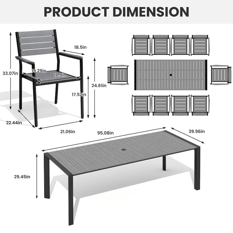 7/9/11-Piece Patio Dining Set Outdoor Aluminum Rectangle Dining Table and Stackable Chairs