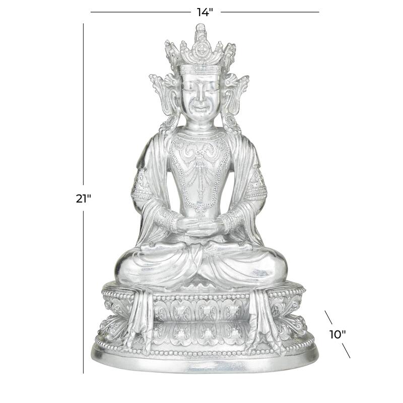 Silver Resin Bohemian Buddha Sculpture with Engraved Carvings and Relief Detailing