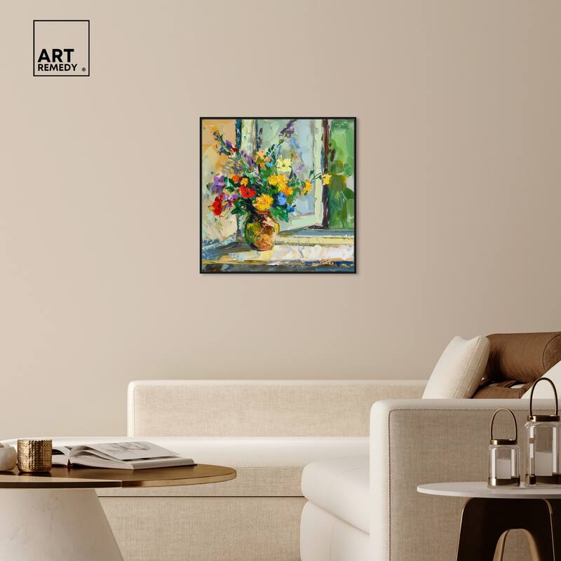 Art Remedy Vase By The Window Framed Impressionism 1 Piece Canvas Wall Art /Monet And Van Gogh Inspired Art