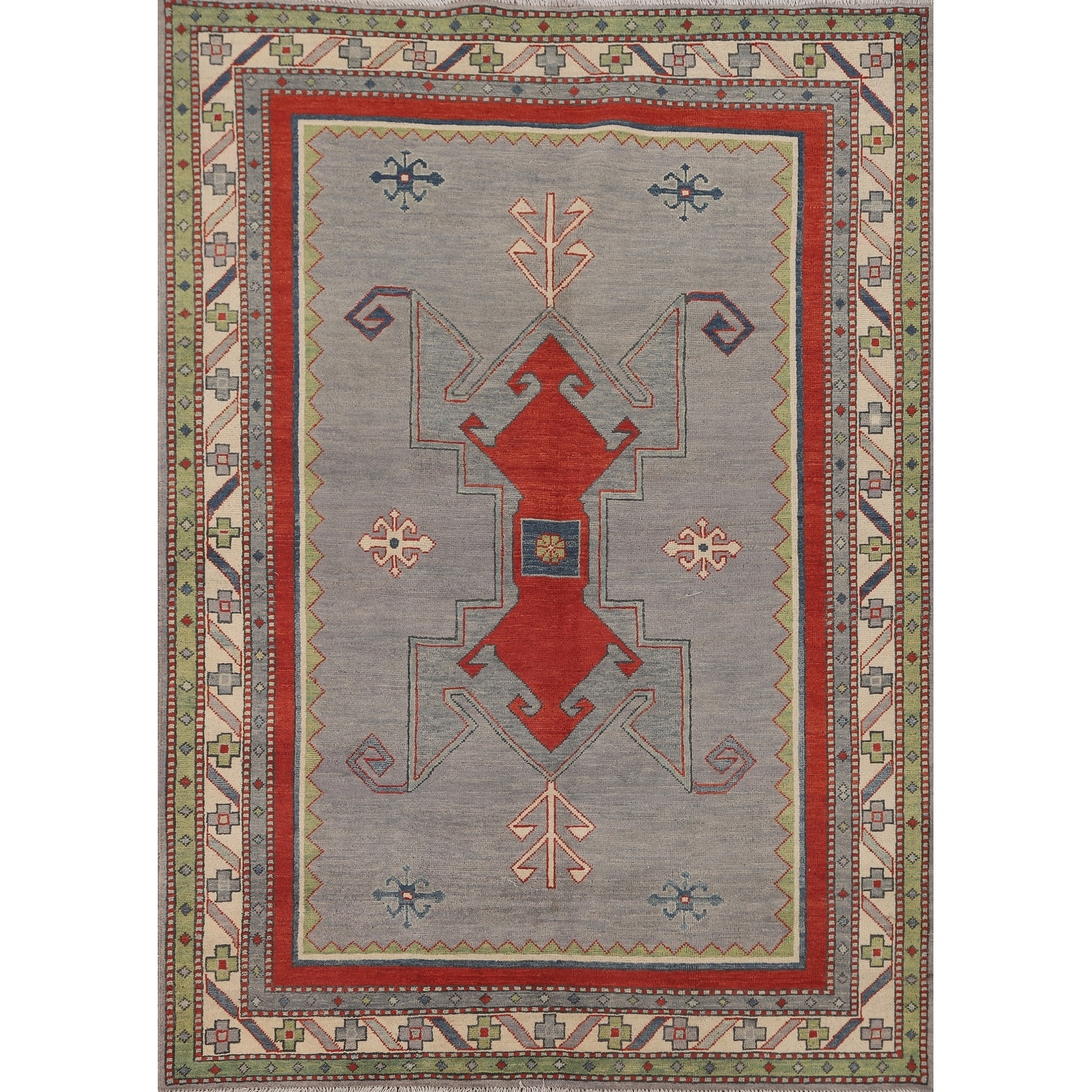 Geometric Gray Kazak Area Rug Handmade Wool Carpet - 5'2" x 6'11"