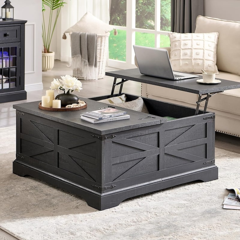Farmhouse Lift Top Coffee Table with Storage, Wood Square Center Table - Black